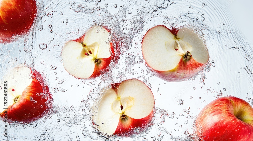 Poster sliced apples splashing in water from a top view. ample space on the right for promotional text