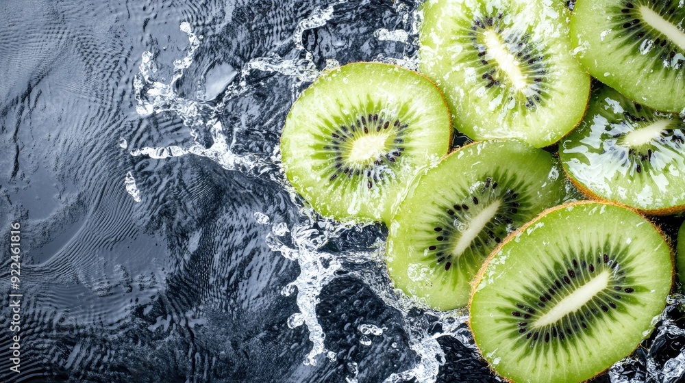 Poster sliced kiwis with water splashes, top view. ample copy space at the top for your message