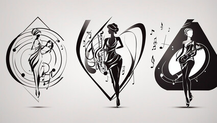  a woman's face with headphones, surrounded by swirling music notes.