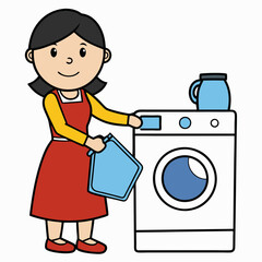 Mom uses washing machine art vector illustration