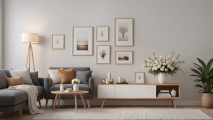 Fototapeta premium Empty photo frames above the sofa and on or against the wall in the Living room interior design 3d illustration template. Decorative items near around the poster frame.