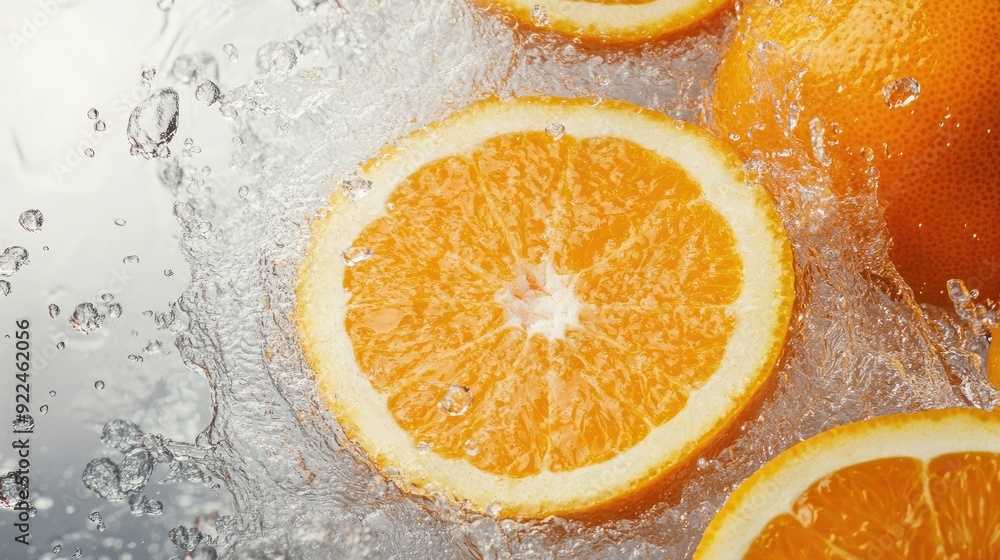 Poster sliced oranges with water splashes from above, with copy space on the bottom for branding