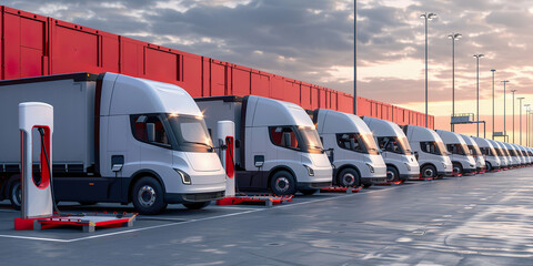 Fleet of electric vehicles recharging at business facility, evening
