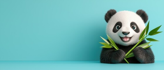 Fototapeta premium Playful Cartoon Panda Enjoying Colorful Bamboo - Selective Focus with Copy Space for Text