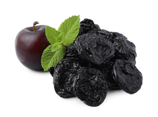 Delicious prunes, fresh ripe plums and mint isolated on white