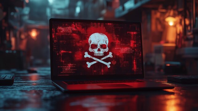 Cybersecurity Threat Displayed on a Laptop Screen with a Skull and Crossbones Icon in a Dark, High-Tech Environment, Highlighting the Dangers of Hacking and Online Security Risks