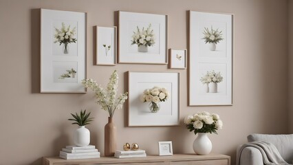 An empty modern living room with a stylish furniture set and picture frames on the wall 3d illustration template image.