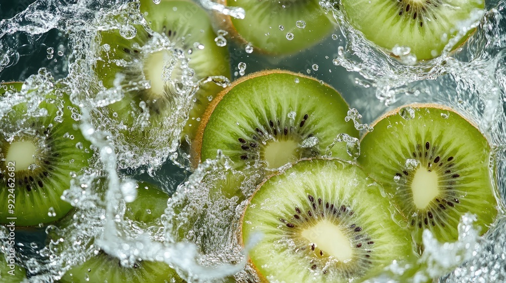 Poster top view of fresh kiwi slices splashing in water. copy space available on the right side