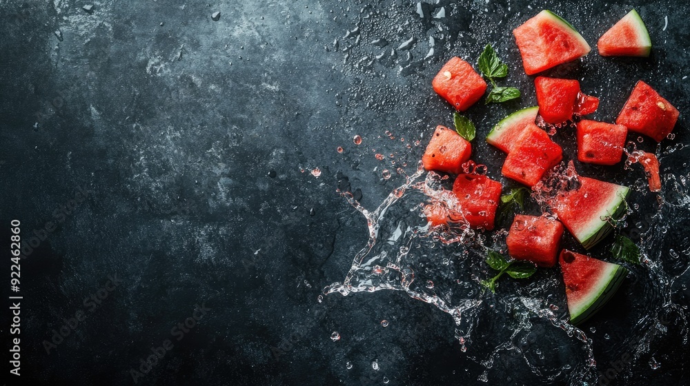 Poster top view of fresh watermelon chunks with splashes of water. copy space on the right for text
