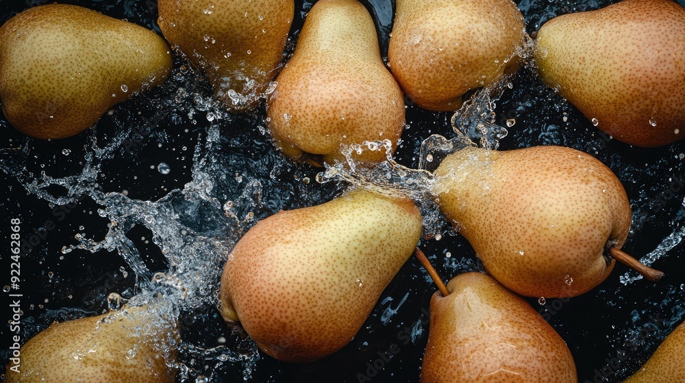 Poster top view of fresh pears with splashes of water. ideal for adding text on the left side
