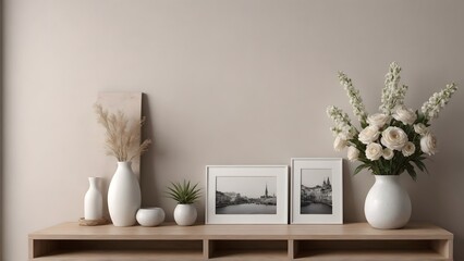 An empty modern living room with a stylish furniture set and picture frames on the wall 3d illustration template image.
