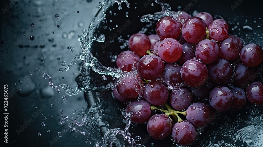 Poster top view of grapes with splashes of water. ideal for adding text or logos on the left side