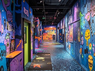 Fototapeta premium Vibrant hallway featuring colorful graffiti art and playful designs, creating an energetic and lively atmosphere.