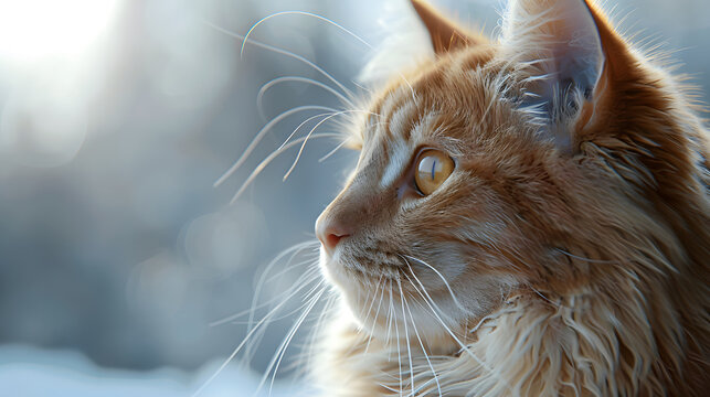 Serene ginger cat gazes thoughtfully outdoors during a sunny afternoon, surrounded by a tranquil winter landscape. Generative by AI