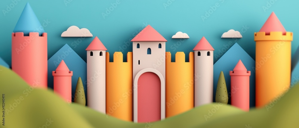 Poster enchanting cartoon scene in colorful medieval kingdom - selective focus with copy space for text