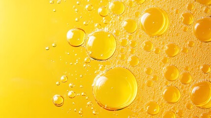Oil bubbles on yellow background, macro photography, commercial photo