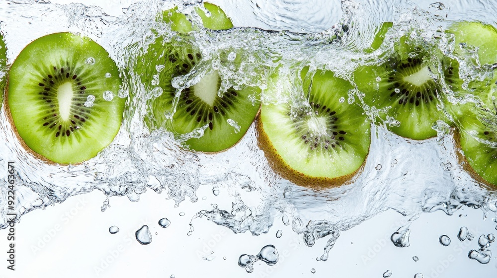 Aufkleber top view of kiwi slices splashing in water, with copy space at the bottom for your message