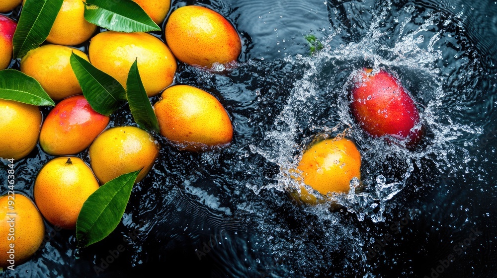 Poster top view of mangos splashing in water. copy space on the right for branding or text