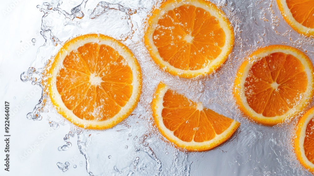 Poster top view of orange slices with water splashes. copy space at the bottom for your message