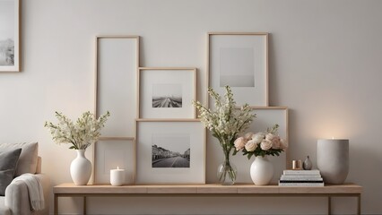 An empty modern living room with a stylish furniture set and picture frames on the wall 3d illustration template image.