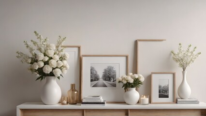 An empty modern living room with a stylish furniture set and picture frames on the wall 3d illustration template image.