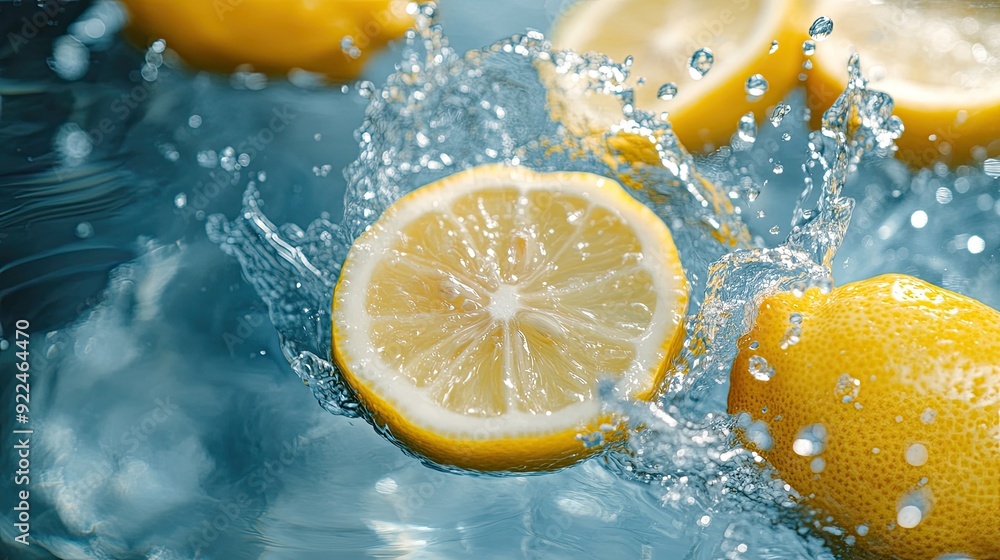 Aufkleber top view of sliced lemons splashing in water. ample copy space available for branding on the bottom