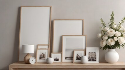 An empty modern living room with a stylish furniture set and picture frames on the wall 3d illustration template image.