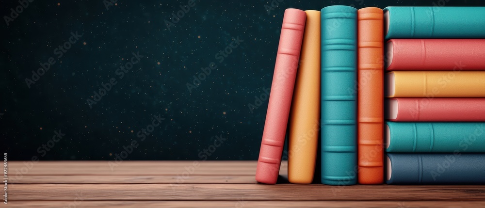 Poster enchanting cartoon library with animated books and colorful stories - selective focus on copy space 