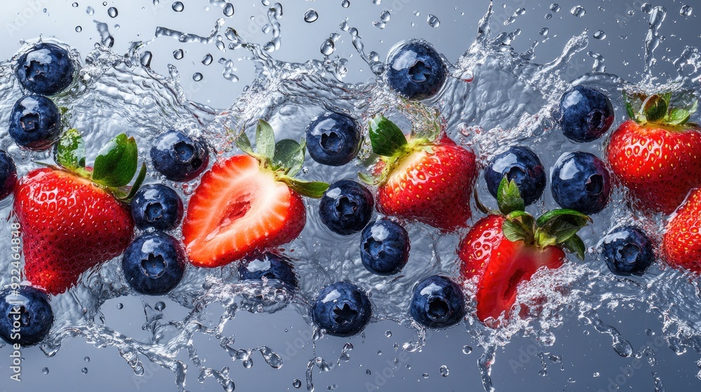 Poster top view of strawberries and blueberries splashing in water. ideal for adding promotional text