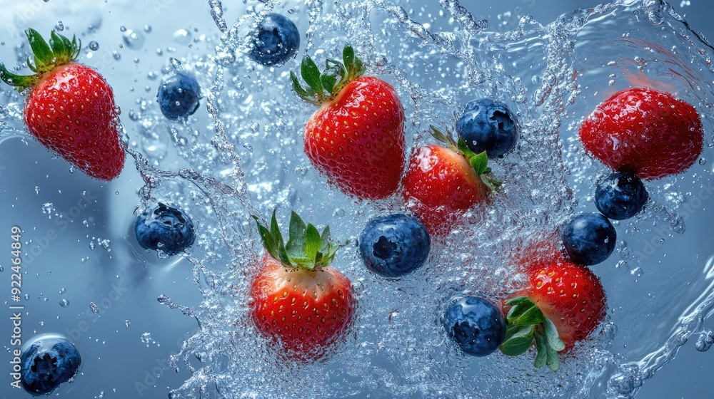 Poster top view of strawberries and blueberries splashing in water. ideal for adding promotional text