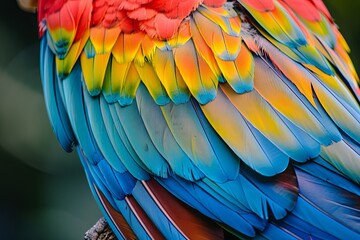 Obraz premium Close-up of vibrant blue, yellow, and red feathers of a parrot.