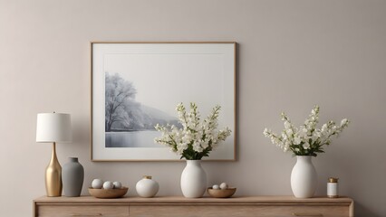 An empty modern living room with a stylish furniture set and picture frames on the wall 3d illustration template image.