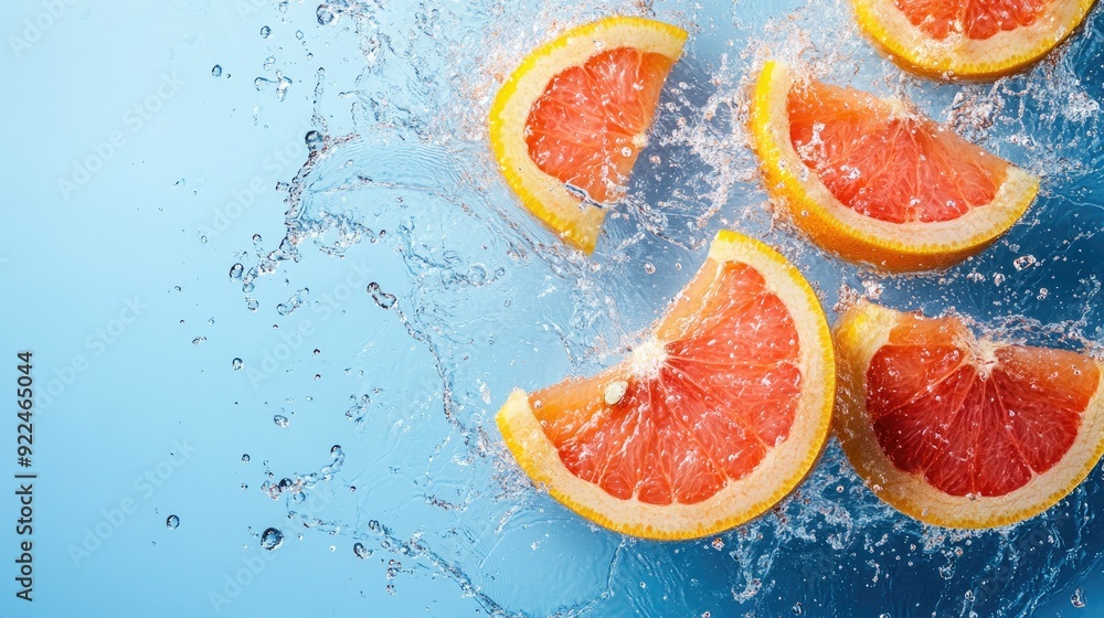Poster top view of vibrant grapefruit segments splashing in water. copy space available for text