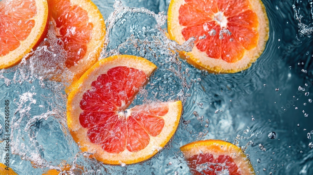 Poster top view of vibrant grapefruit segments splashing in water. copy space available for text