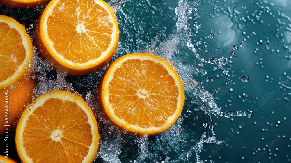 Poster top view of vibrant oranges with splashes of water. ample copy space on the left for text