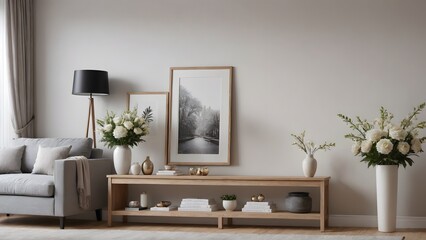 An empty modern living room with a stylish furniture set and picture frames on the wall 3d illustration template image.