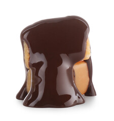 Delicious caramel candies with melted chocolate isolated on white