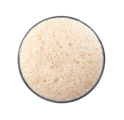 Glass mug of beer isolated on white, top view
