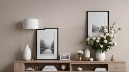 An empty modern living room with a stylish furniture set and picture frames on the wall 3d illustration template image.