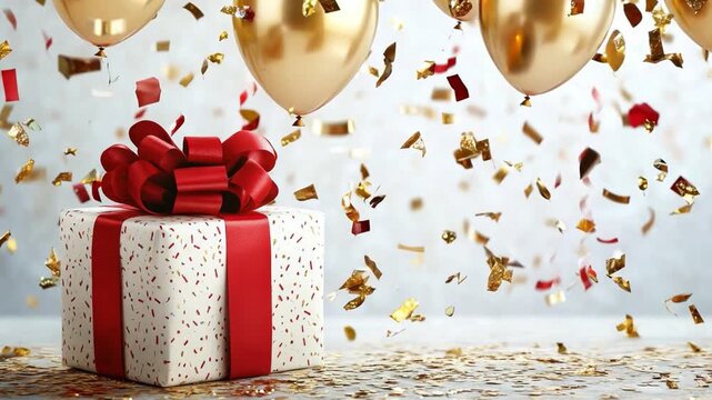 A beautifully wrapped gift box with a red ribbon sits amidst floating balloons and scattered confetti, creating a joyful atmosphere for a special occasion.