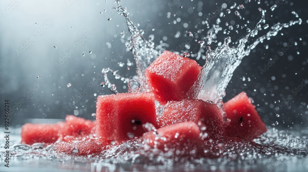 Poster watermelon cubes being splashed with water. copy space available on the top for text