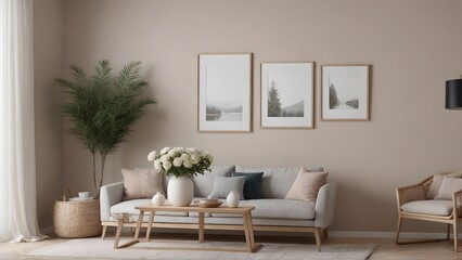 An empty modern living room with a stylish furniture set and picture frames on the wall 3d illustration template image.