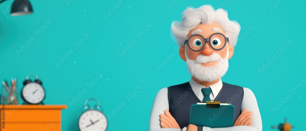 Aufkleber energetic cartoon inventor crafting innovative gadget in colorful workshop - with copy space for tex