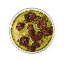 Petri dish with bacteria isolated on white, top view