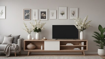 An empty modern living room with a stylish furniture set and picture frames on the wall 3d illustration template image.