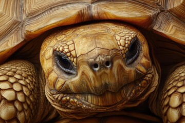 Naklejka premium Sulcata Tortoise Shell. Close-up Detail of African Spurred Tortoise in the Sahara Desert