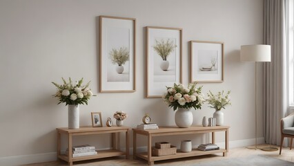 An empty modern living room with a stylish furniture set and picture frames on the wall 3d illustration template image.