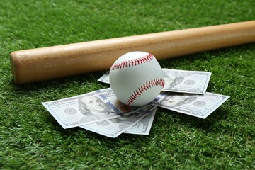 Baseball ball, bat and dollar banknotes on green grass outdoors