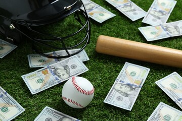 Baseball ball, bat, helmet and dollar banknotes on green grass outdoors