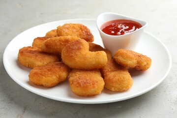 Tasty chicken nuggets with chili sauce on grey textured table